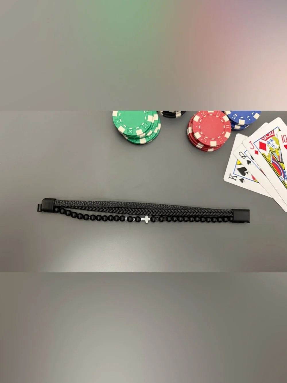 Black Leather Beaded Bracelet Set Men Cross Charm Double Wrap Minimalist